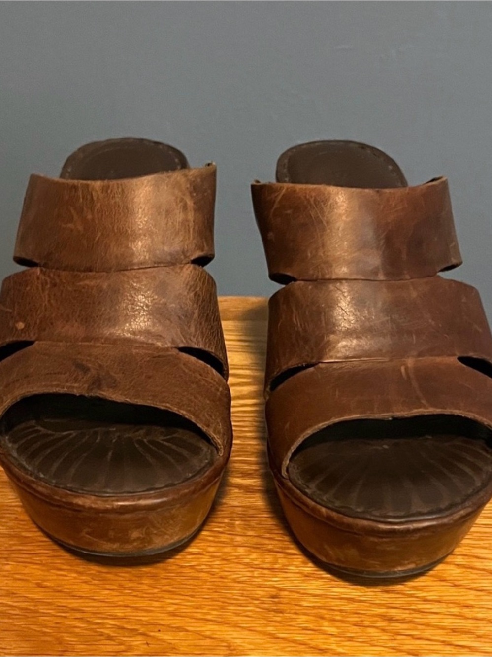 Women's Brown Leather Slide Wedge Sandals Size 7.5
